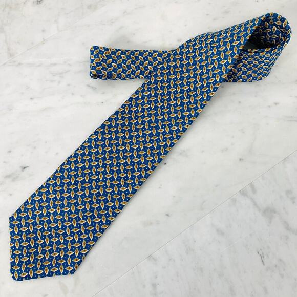 BROOKS BROTHERS MAKERS Silk Neck Tie 54" x 4" Gold White Diamond on Blue USA NWT - Picture 2 of 6